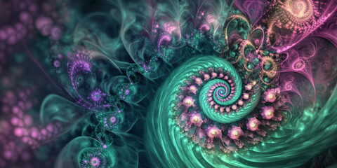A mesmerizing galactic swirl featuring hues of deep emerald and amethyst, with dust clouds forming intricate mandala-like illustrations.