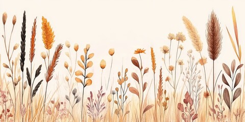 Watercolor Cream Background With Neutral Minimal Pampas Grass, Floral, And Leaves Illustration