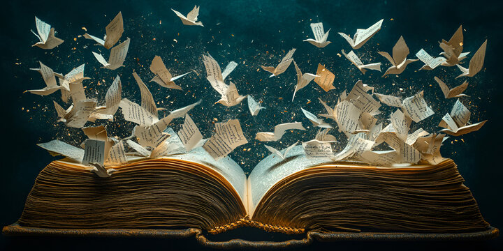 Open book with flying paper birds, fantasy and creative visual concept
