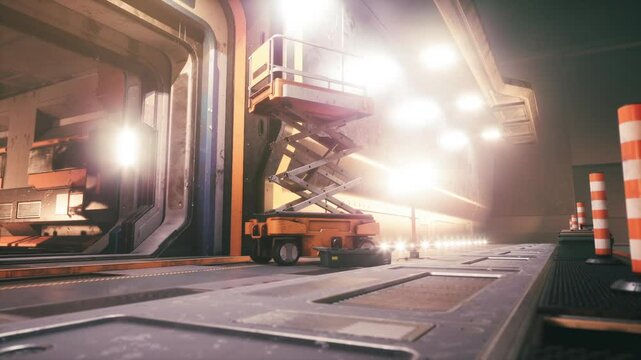 A scissor lift stands idle in an expansive industrial area. Bright lights create reflections on glossy surfaces while construction cones are positioned nearby, indicating ongoing work.