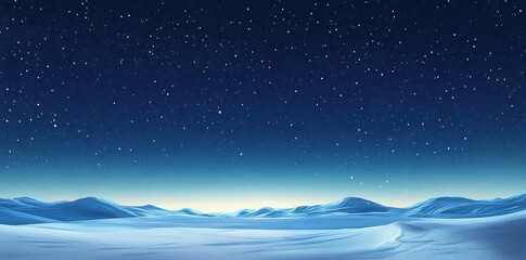 Winter landscape shows snow covered hills beneath starry night