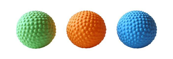 Fototapeta premium Three vibrant, textured balls—green, orange, and blue—are displayed against a transparent background, Three Colorful Textured Balls