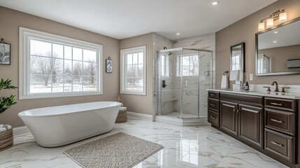 Fototapeta premium Modern beige bathroom with soaking tub, shower, and large windows