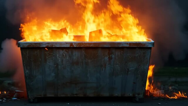 Intense Dumpster Fire at Night: Static Flames Erupt Amidst Dark Surroundings 