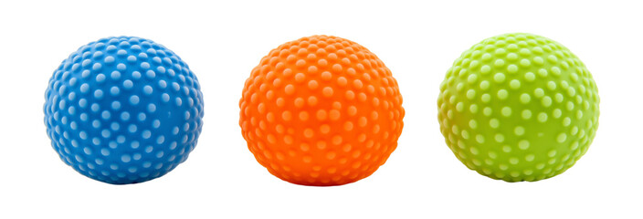 Three vibrant, textured balls—green, orange, and blue—are displayed against a transparent background, Three Colorful Textured Balls