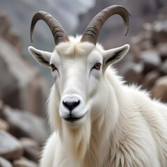 Female mountain goat with striking eyes and textured fur, slightly blurred rocky background
