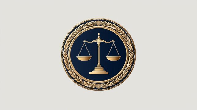 A professional and elegant logo design for a law firm, featuring a balanced scales of justice symbol within a circular badge, using gold and dark blue colors