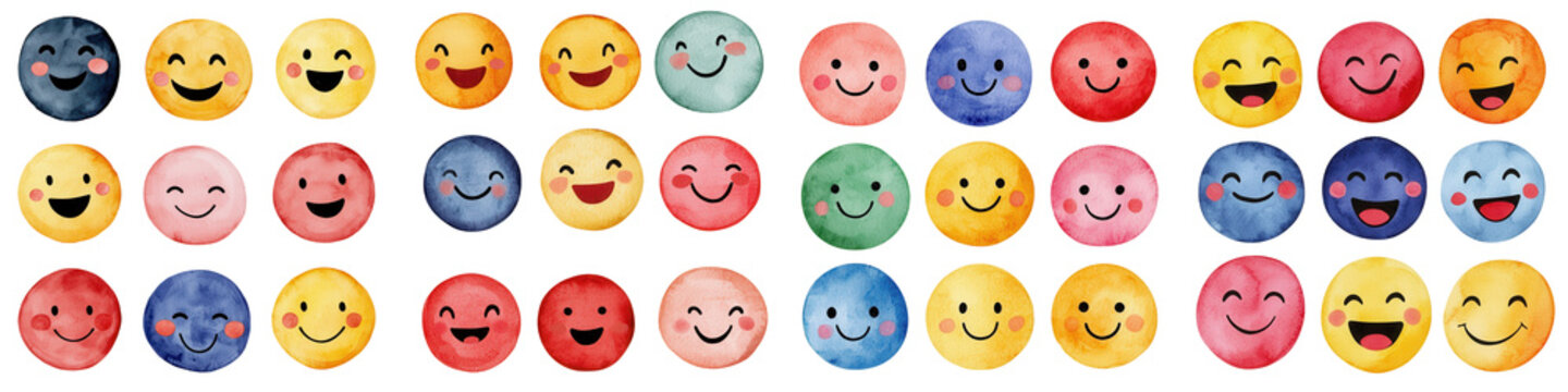 Naklejki Happy emoji collage watercolor style, perfect for designs , isolated on transparent background