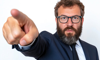 Professional Businessman with Beard Pointing Finger Towards Camera in Formal Suit Against White Background