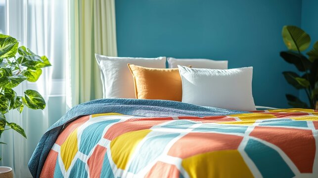 Vibrant bedroom featuring bold geometric bedspread in turquoise, coral, and yellow hues