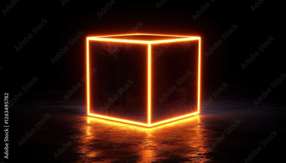 Poster abstract representation of a cubic box with neon glow: illuminated object in dark room in virtual re