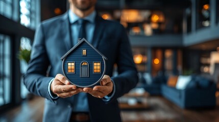 A professional badge for a real estate agency, featuring an abstract house shape within a circular design, using sophisticated colors like dark blue and silver