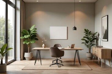 modern and stylish home office space with wooden desk, minimalist decor, and green accents