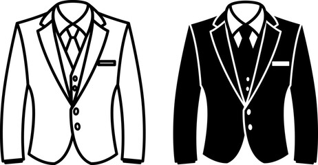 Suit Icons. Black and White Vector Designs. Jacket, Shirt, Tie and Vest. Classic Men's Suit for Formal Occasions. Clothing Concept