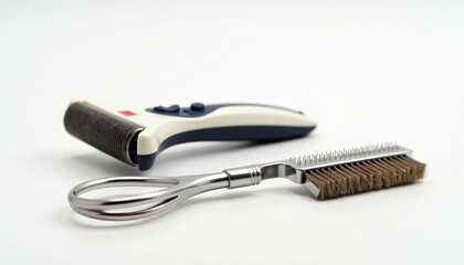 Obraz premium Pet grooming tools on a table, suitable for pet grooming services, blogs, and advertisements