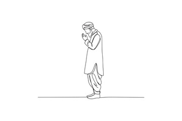 A continuous line drawing of a Muslim man praying 