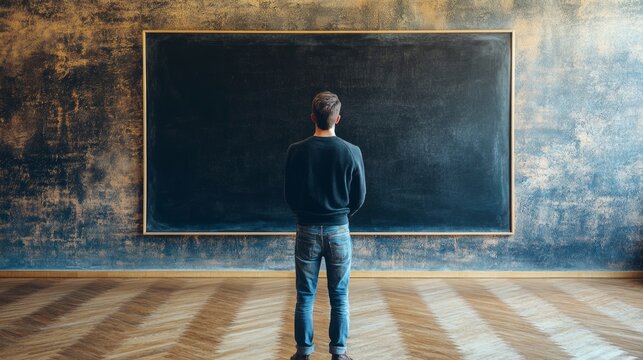 Rear view of the man who is going to write something on the black chalkboard. Wooden floor and concrete wall. A concept of the beginning of new academic year. A class room.