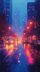 Naklejka premium A rainy city street at night with car lights