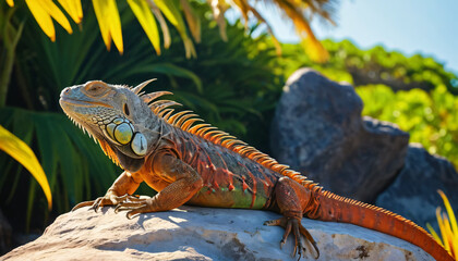 Fototapeta premium Colorful iguana on a branch, perfect for pet blogs, exotic pet care, and reptile enthusiasts