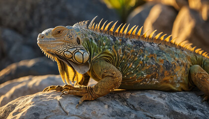 Fototapeta premium Iguana basking on a rock, great for wildlife blogs, exotic pet care, and nature photography