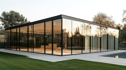 Modern glass house sunset poolside landscape architecture