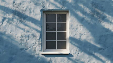 Obraz premium A serene blue wall with a white-framed window casting soft shadows in daylight