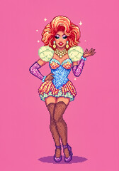 drag queen against plain background ideal to use as negative space to add text illustration in pixel art style