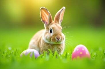 cute rabbit with easter eggs on green grass