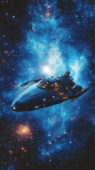 Futuristic spacecraft glides smoothly through the vibrant blue nebula