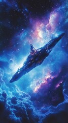 Majestic spaceship navigates the vibrant nebula of colors and light