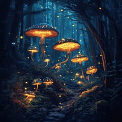 Glowing mushrooms illuminate a dark and enchanting forest path