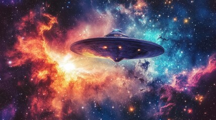 Ufo flying through colorful nebula in a star filled sky