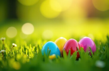 colorful easter eggs hidden in tall grass - concept of egg hunt, festive surprises, spring discovery