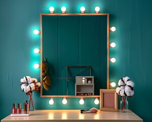 Teal wall background, mirror with volumetric lights, dressing table in light wood, wooden frame on desk, cotton flowers, makeup on countertop.