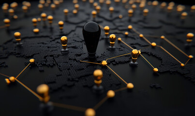 Black pin marker stands out on dark map background connected with glowing yellow dots representing global network and digital communication interface concept