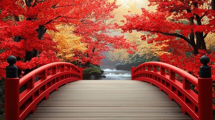 Serene autumn bridge scene surrounded by red and gold trees nature landscape in tranquil environment