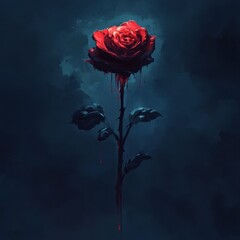Digital painting depicting a single rose with dripping red substance