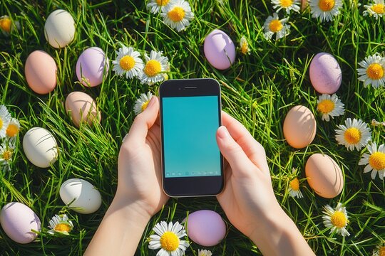 A person is holding a smartphone while standing amidst a vibrant field of blooming flowers, capturing the beauty of nature and technology together.