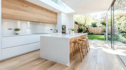 Modern kitchen extension, garden view, sunlight, oak floors