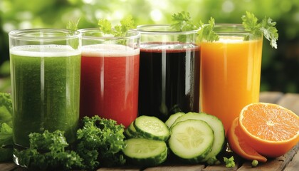 Fototapeta premium Assorted Detox Smoothie Juices For A Healthy Diet With Delicious Vegetables And Fruits In A Panoramic Setting.