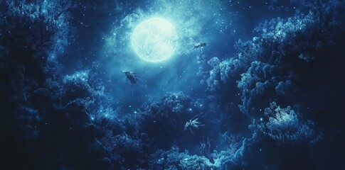 Three spaceships flying through the starry night sky near moon