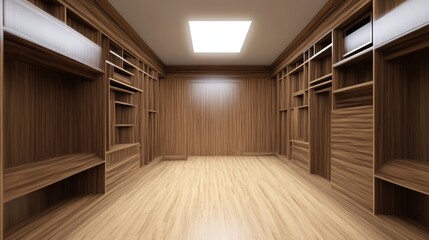 Modern wooden wardrobe with clothes hanging on rail in walk in closet design interior. 3D render