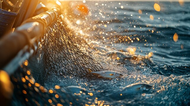 A trawl net is being pulled up from the water, heavy with fish and sparkling under the vibrant glow of the sun. The lively scene captures the excitement of a successful catch.