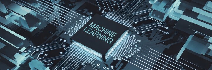 Close-up of glowing circuit board with machine learning text and holographic data