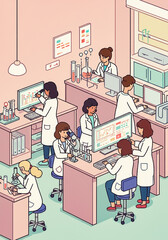 scientist wome against plain background ideal to use as negative space to add text illustration in pixel art style