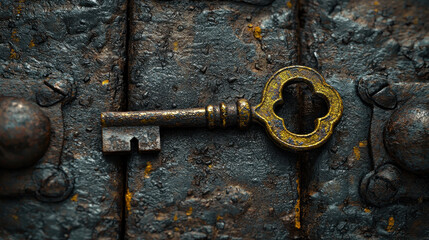 Close-up of a detailed antique key in a rusty lock exuding mystery and history