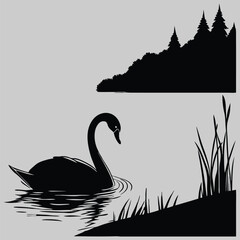 a swan floating on a lake silhouette vector design art and illustration 
