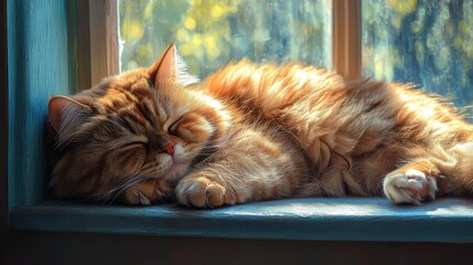 Persian Cat Basking in the Sun on a Window Ledge