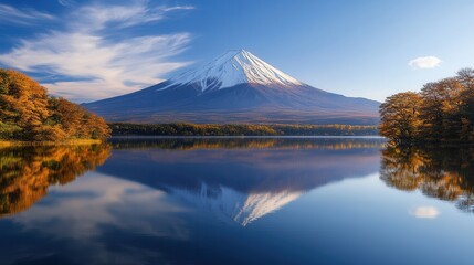 Fototapeta premium Arafed Mountain rises majestically, mirrored in a serene lake surrounded by lush trees, creating a picturesque and tranquil landscape.