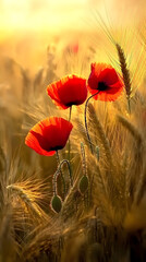 Fototapeta premium A serene sunrise over poppy flowers in the field, symbolizing hope and tranquility 